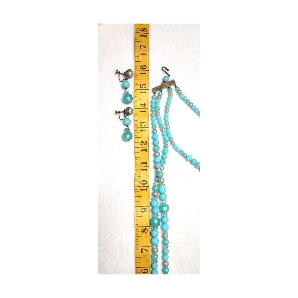 Vintage MCM 4 Strand Turquoise Faux Lucite Bead Necklace Screwback Earrings Set